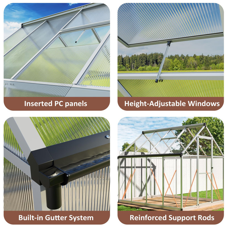 8 ft. W x 12 ft. D Greenhouse for Outdoors,  with Quick Setup Structure and Roof Vent, Green, Silver