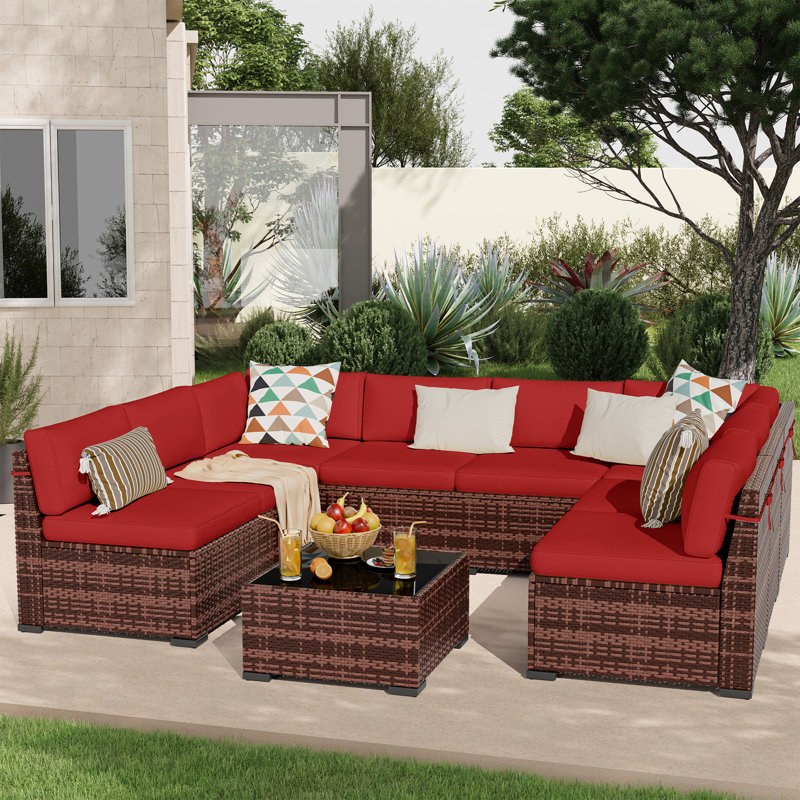 Avamay Rattan Sectional Seating Group with Cushions, Burgundy Performance Microfiber, No