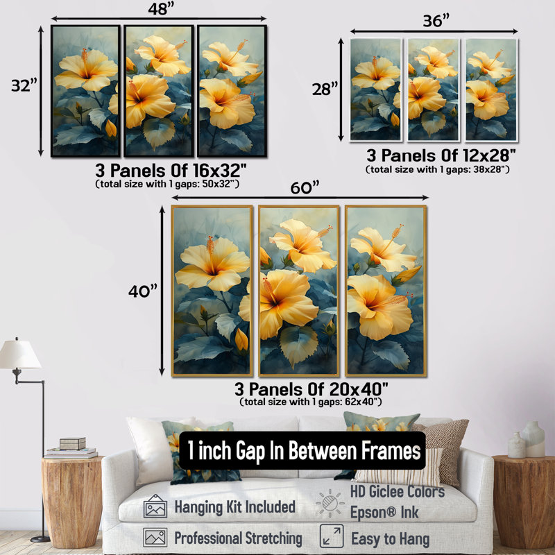 Marcel - Hibiscus, ensemble de reproductions d'art mural, Toile encadrée flottée blanche, H 40 po x l 60 po x P 1 po