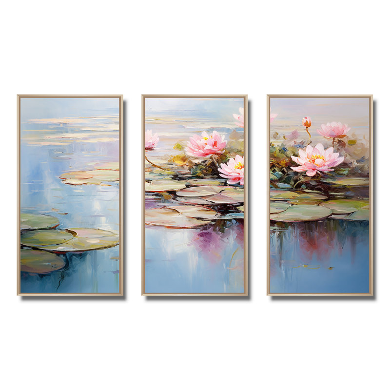 Bleu et vert Monets Lake Reflections 5 - lac, art mural, Cadre flottant brun, H 28 po x l 36 po
