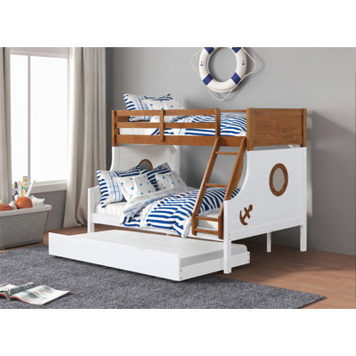Lit superposé simple au-dessus d'un lit double de style moderne moderne avec rails en échelle attachés et structure de joint verrouillable pour lit supérieur au fini chêne sécuritaire Lit inférieur au fini blanc