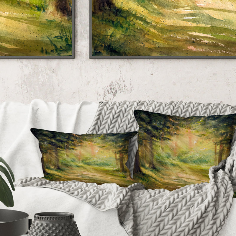Coussin décoratif à imprimé traditionnel soleil qui brille à travers les arbres de la forêt