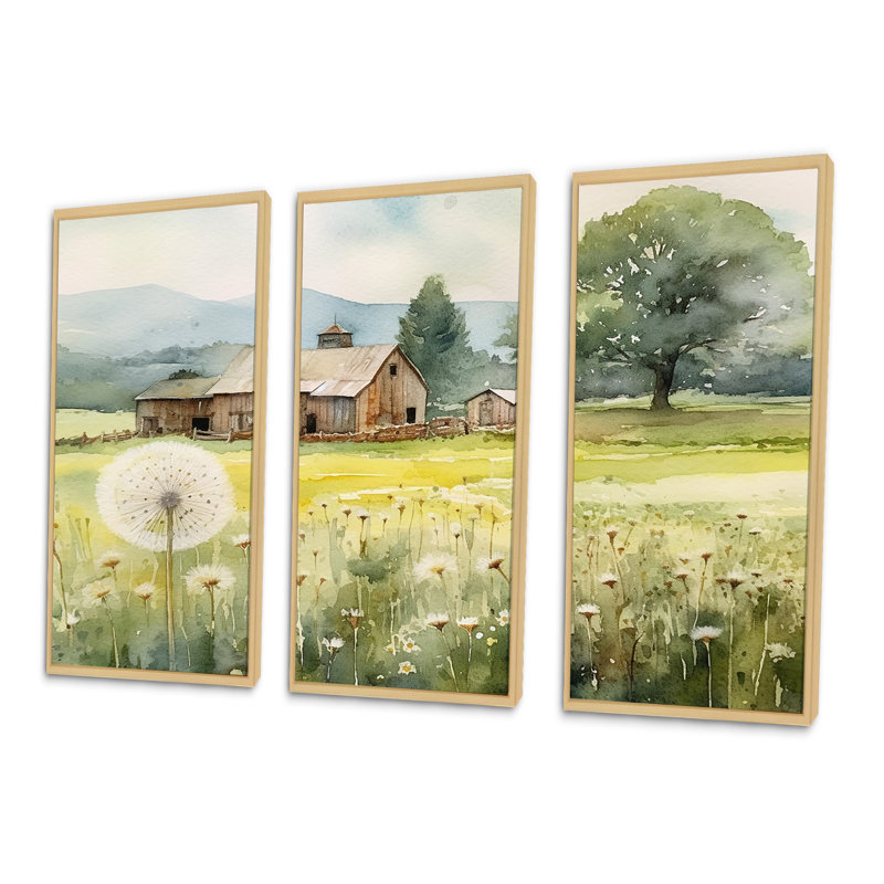 «Framhouse Dandelion Landscape», ensemble d'art mural sur toile pissenlit, Cadre naturel flottant, H 32 po x l 48 po x P 1 po