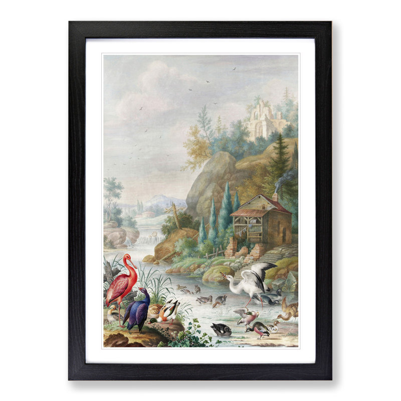 Birds Near a Mountain Stream by Herman Henstenburgh - Picture Frame Graphic Art, 36cm H x 27cm W x 2cm D, Black
