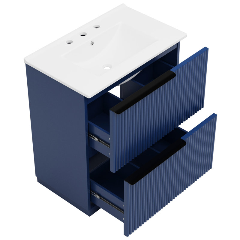 Meuble-lavabo de 30 po en bleu avec conception cannelée, système double, comptoir brillant et poignée de rangement pratique et autoportante