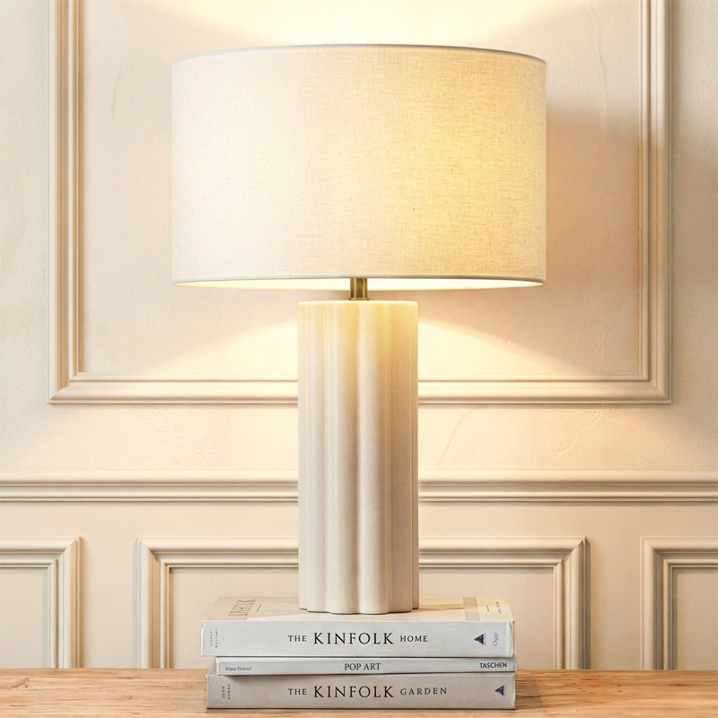 Becca 2 Ft. Modern And Geometric Tall Pillar LED Bedside, Table, Desk Lamp With Cream Fabric Shade with Light Bulb Included