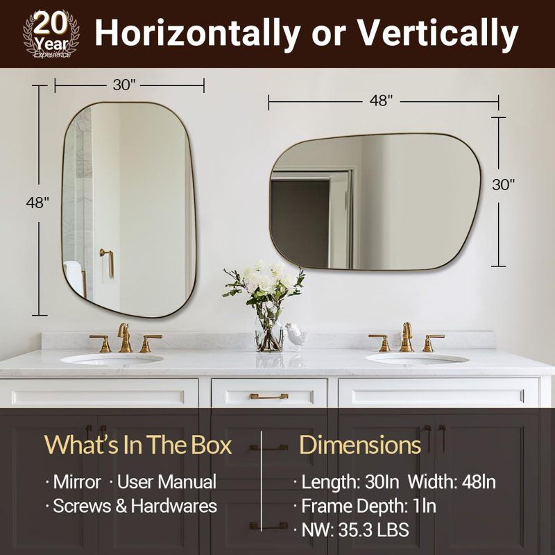 Huldrik Asymmetrical Irregular Bathroom Vanity Mirror | Stainless Steel Frame, Brushed Gold, 48" x 30"