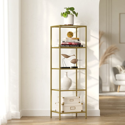 Bookcase, 5-Tier Bookshelf, Slim Shelving Unit For Bedroom, Bathroom, Home Office, Tempered Glass, Steel Frame