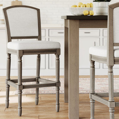 Tabouret de bar gris avec siège de 31 po de hauteur, tissé et dossier, pieds tournés pour le coin repas - hauteur de la surface de jeu rembourrée