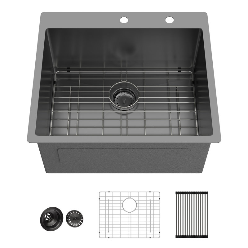 25” L x 22” W x 12” D Drop-in Laundry Utility Sink Top-mount 16-Gauge Stainless Steel Bathroom Sink in Gunmetal Black Single Deep Basin with Drainer And Drying Rack And Basin Grid