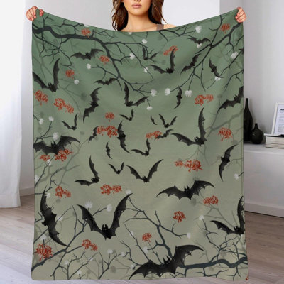 Plaid pour adultes, doux, chaud et confortable, motif amusant, mi-lourd, en flanelle, idéal pour canapé, lit, camping, voyage, décoration intérieure, chauves-souris et fleurs, 76 x 102 cm