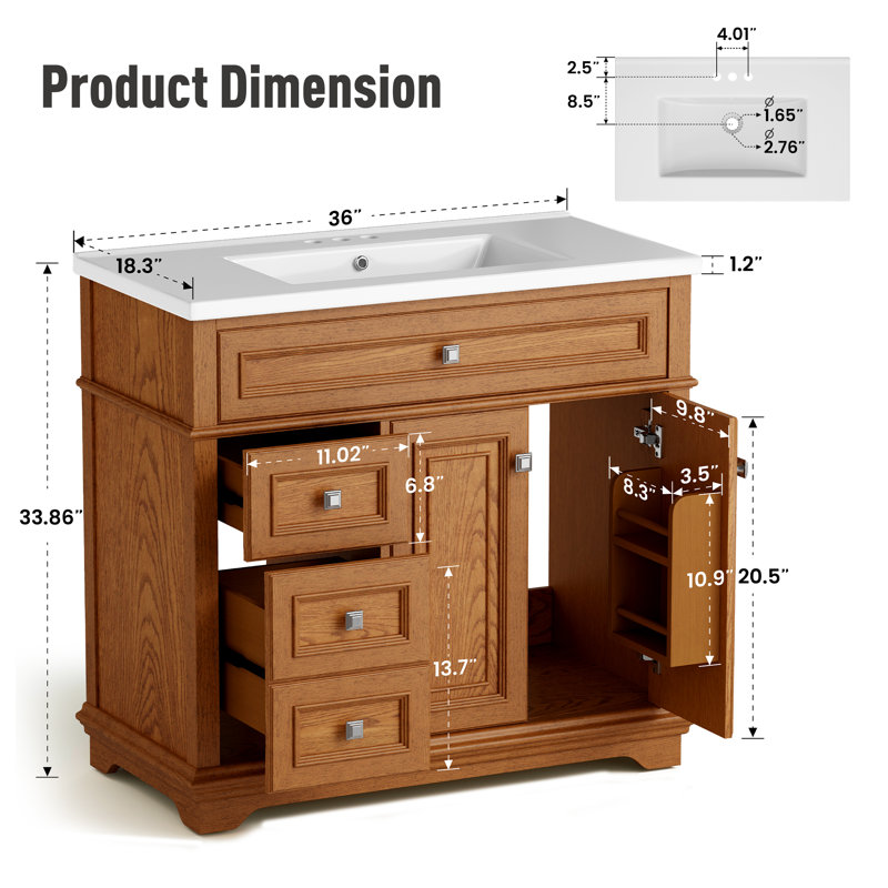 Meuble-lavabo sur pied 36 po avec comptoir en céramique et lavabo intégré 36 po, Teck, 36"