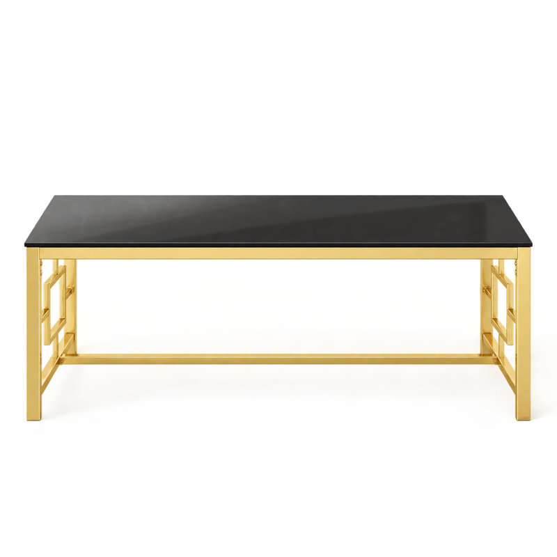 Table basse rectangulaire moderne avec dessus en verre trempé et structure métallique géométrique imbriquée, table basse élégante et robuste
