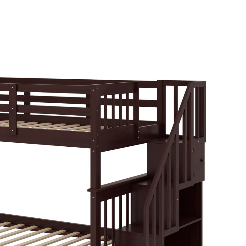 Lit superposé simple au-dessus de simple avec garde-corps et rangement Stairway, Espresso