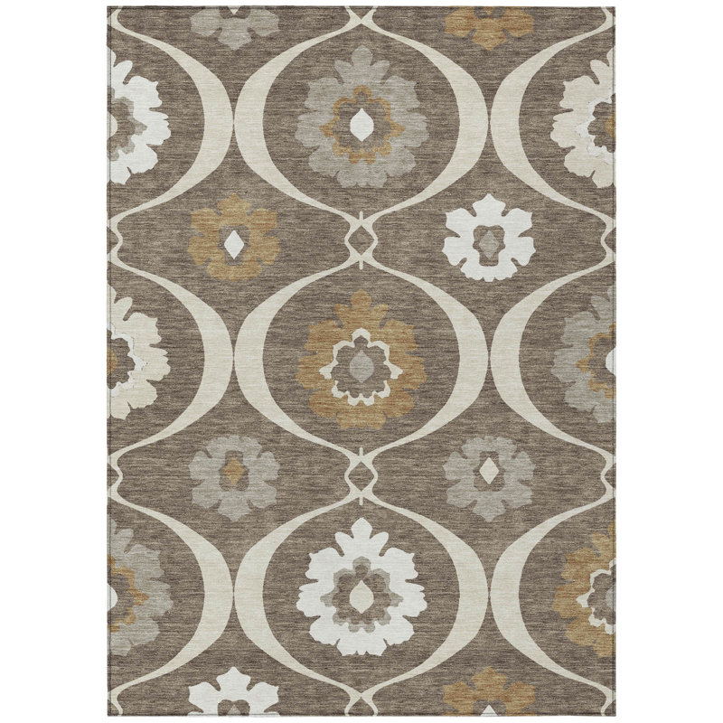 Tapis intérieur lavable beige 5 pi x 8 pi avec médaillon beige et taupe