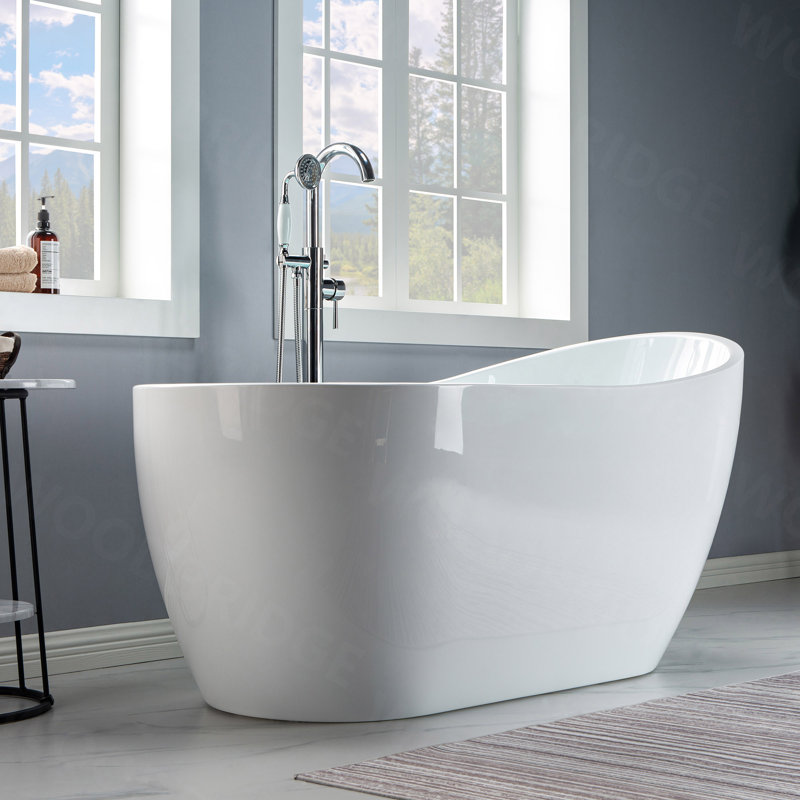 59" x 28" Freestanding Soaking Acrylic Single Slipper Bathtub with Reversible Drain, White/Chrome