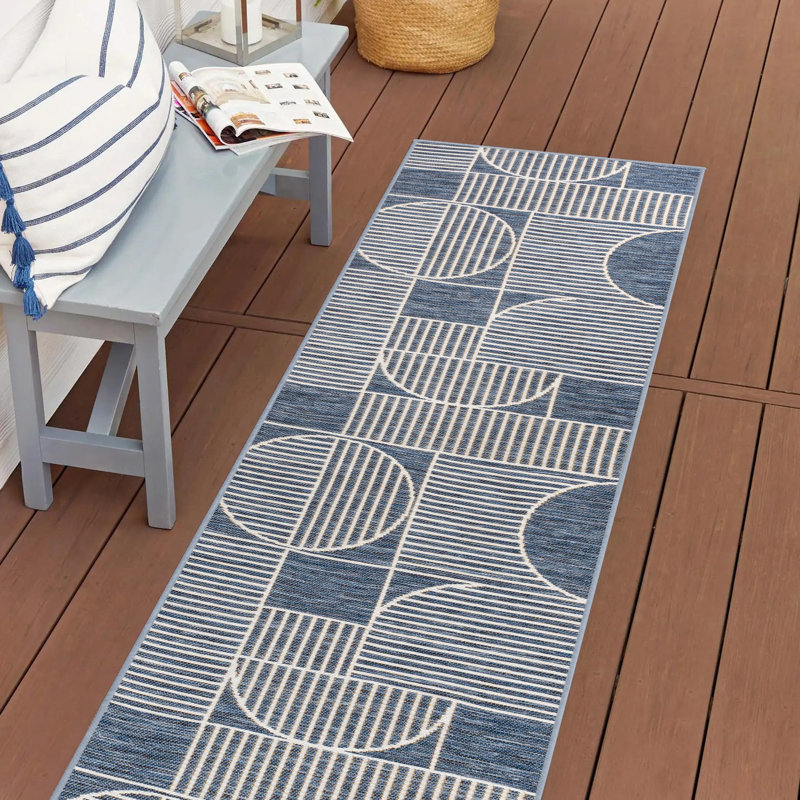 Erkin Mid-Century Modern Geometric Lines Reversible Machine-Washable Navy/Cream Indoor/Outdoor Rug, Runner 2' x 8'