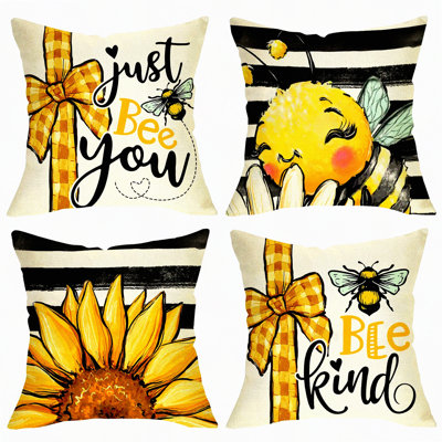 Sunflower Bumble Bee Decorative Pillow Covers Set - Farmhouse Stripe Home Decor - Buffalo Plaid Outdoor Cushion Case
