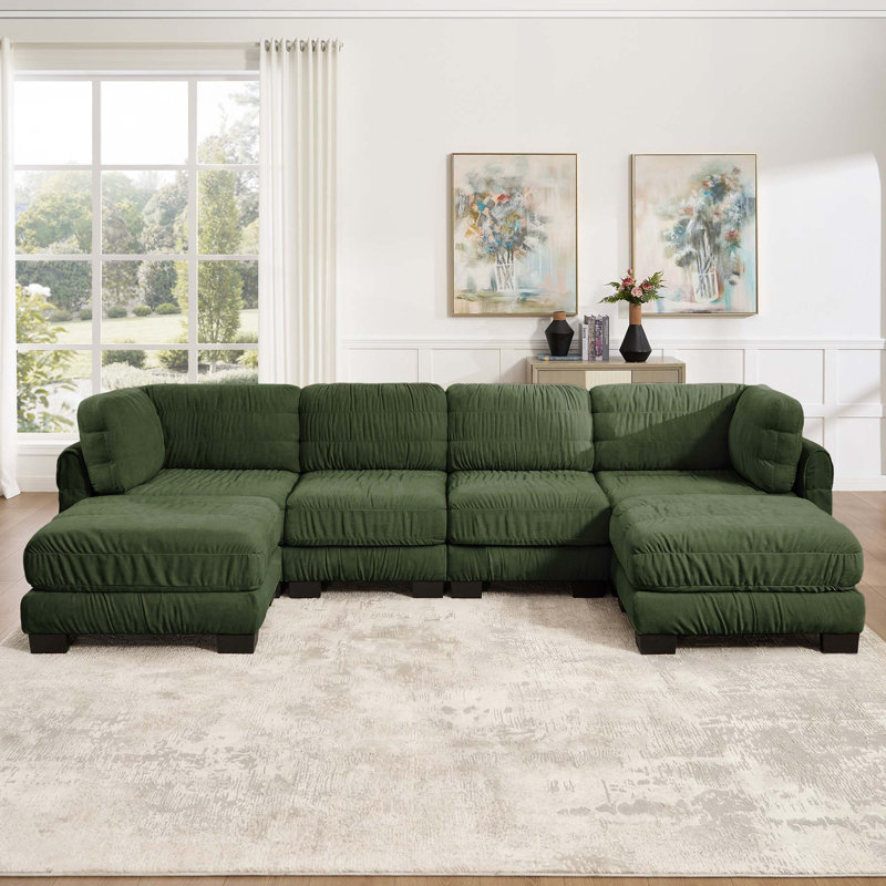 Canapé d'angle modulaire 4 places en chenille à détails froncés, 2 poufs amovibles, mousse haute densité, coussins de dossier épais