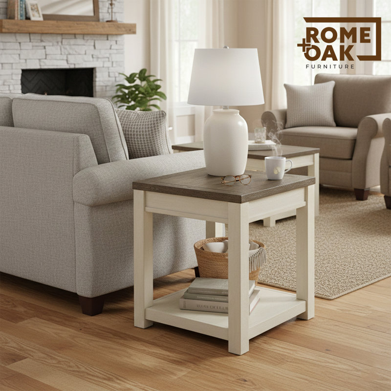  Tate Farmhouse Wood End Table with Shelf, Brown and Cream, 2 Pack