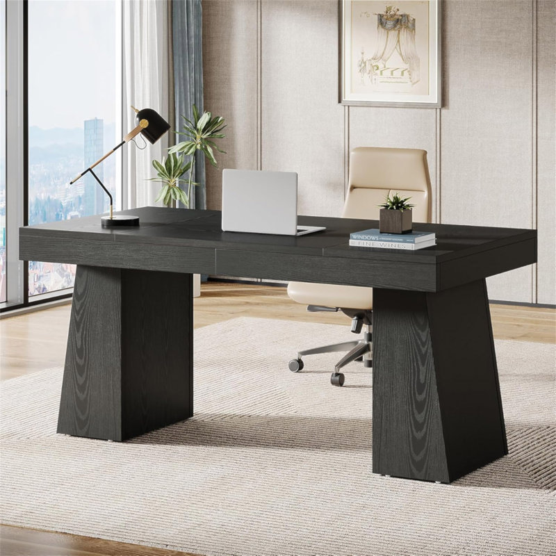 Bureau de direction moderne de 55 po de style Mid-Century - poste de travail d'ordinateur à domicile avec double base trapézoïdale, table d'écriture élégante et bureau de conférence, mobilier de bureau en bois noir