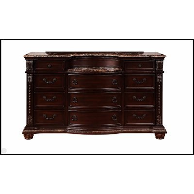 Commode 1 tiroir 11 pièces à dessus en marbre avec moulures complexes et silhouette magnifiquement courbée au fini cerisier foncé brun, meubles de chambre en bois massif
