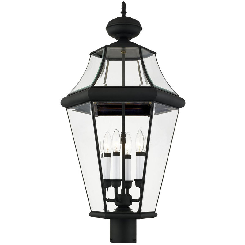 Outdoor Post Lantern Pendant Light Fixture Clear Beveled Glass Shade, Black