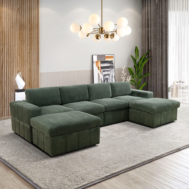 POSTIE 6-PieceCorduroy Living Room  Couch Sofa with 2 Ottomans, Green Corduroy