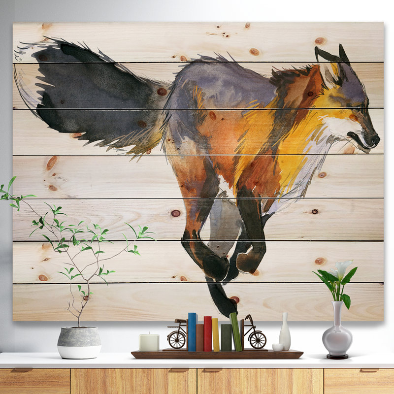 « running fox illustration », peinture, Bois, H 30 po x l 40 po x P 1,5 po