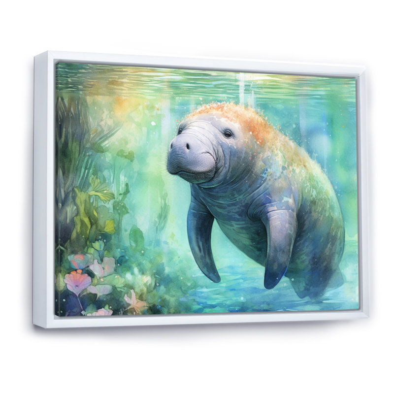 Gentle Manatee II - Art mural de lamantin pour le salon, Cadre flottant blanc, H 12 po x l 20 po x P 1 po