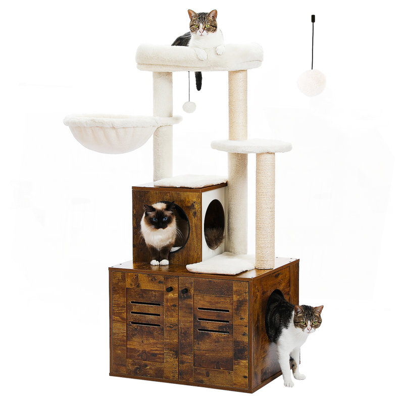 Arbre à chat moderne en bois avec litière pour chat, Brun