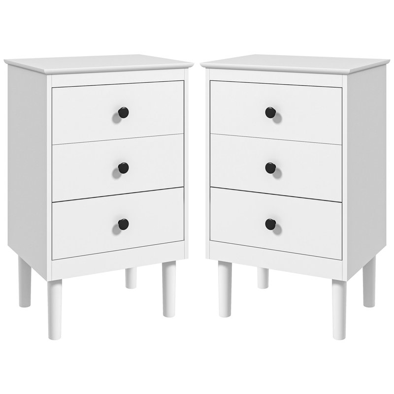HOMCOM Bedside Table with 3 Drawers Set of 2 40 x 30 x 64 cm White