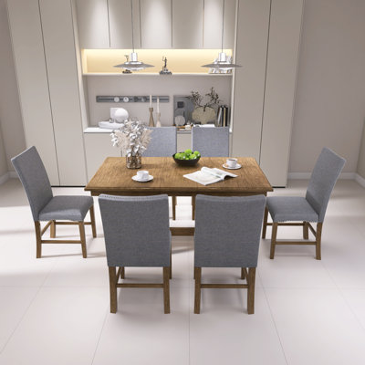 7-Piece Mid-Century Golden Brown Solid Wood Dining Table Set Extendable Kitchen Table Set With 6 Gray Upholstered Chairs And 12" Leaf For Kitchen, Living Room And Dining Room