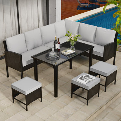 Patio Furniture Set, 7 Piece All Weather High Back Outdoor Dining Set With Dining Table And Ottomans by Red Barrel Studio
