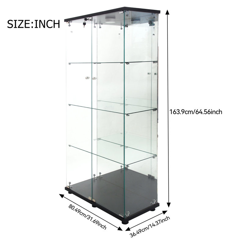 Glass Display Cabinet with Mirrored Back Panel, Glass Display Cases with Shelves and LED Light, 2 Doors Curio Cabinets, Black