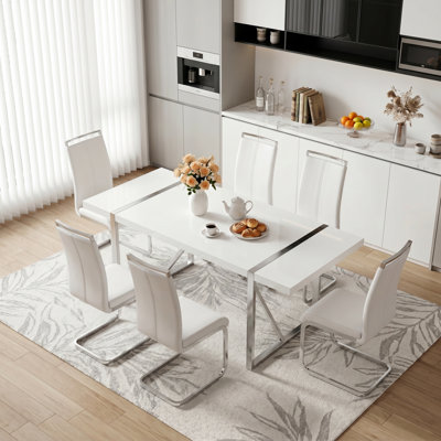 7-Piece Modern Glossy White Segmented Dining Table Set with High Back Faux Leather Cantilever Chairs