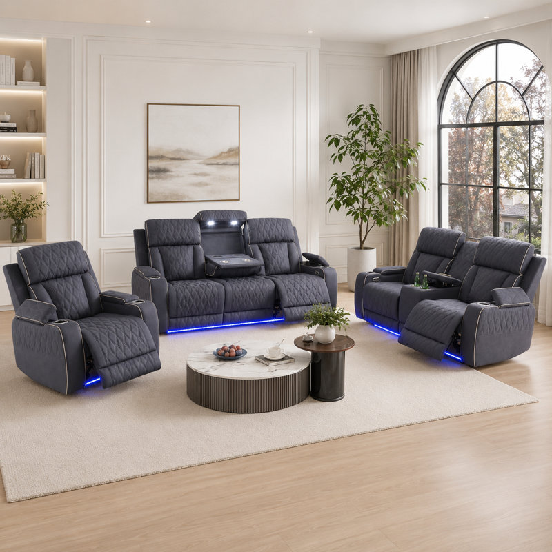 3-Piece Breathing Leather Power Reclining Sofa Set With LED Lights, Wireless Charger, Storage Console & Drop-Down Table