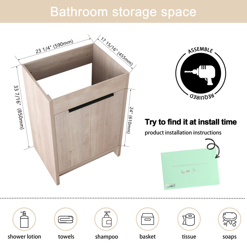 24" Freestanding Bathroom Only Vanity without Top, 24