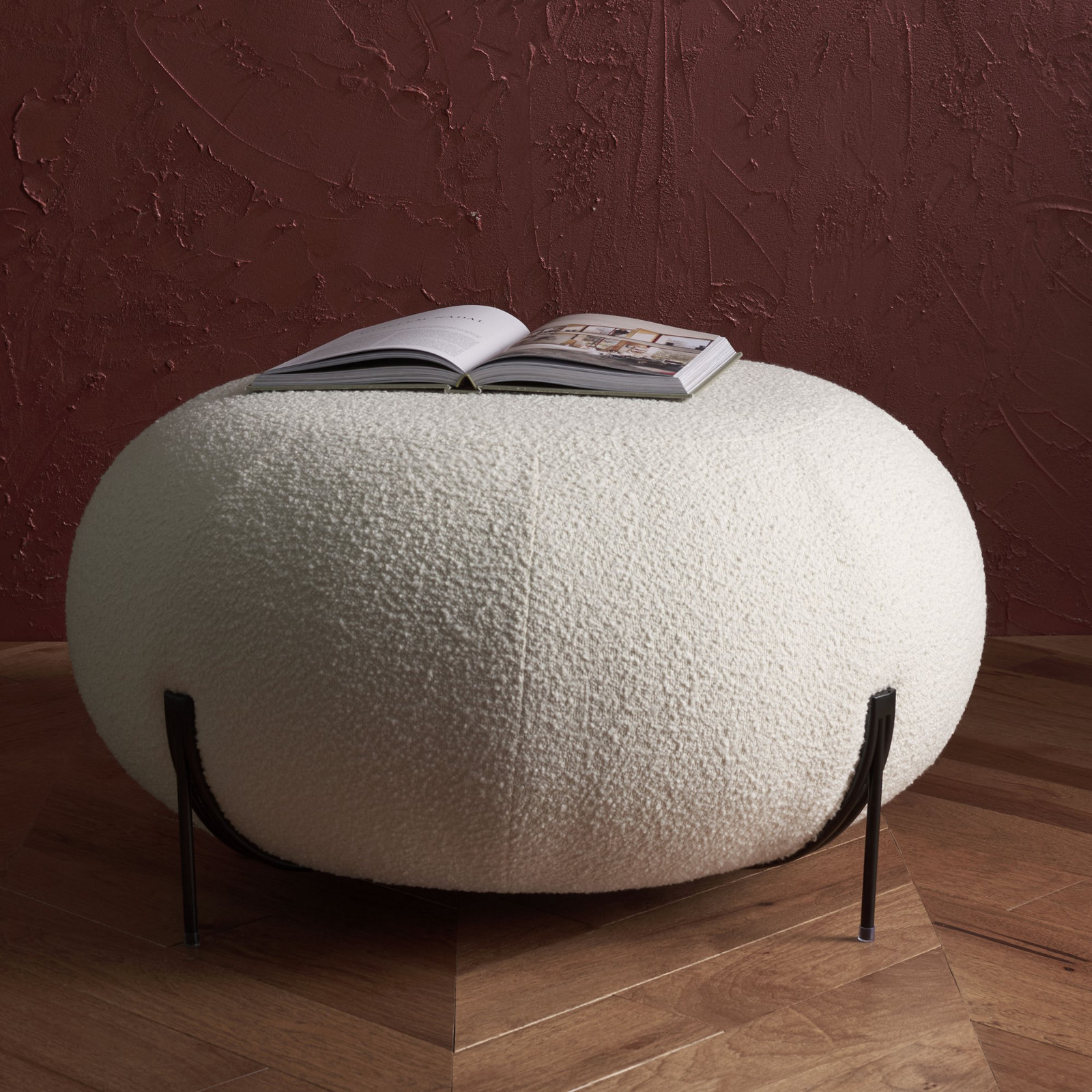 Lieze Upholstered Ottoman, Ivory Boucle, Black
