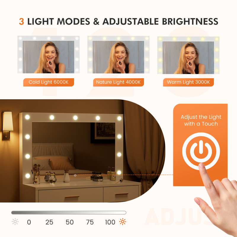 Coiffeuse de maquillage avec miroir lumineux à DEL et prise de courant, coiffeuse de maquillage avec 2 tiroirs, 1 armoire
