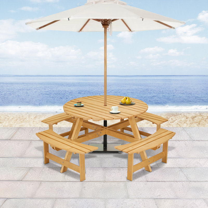 8-Person Outdoor Round Picnic Table Set With 4 Built-In Benches & Umbrella Hole - Perfect For Garden, Backyard, Porch & Patio - Natural Wood