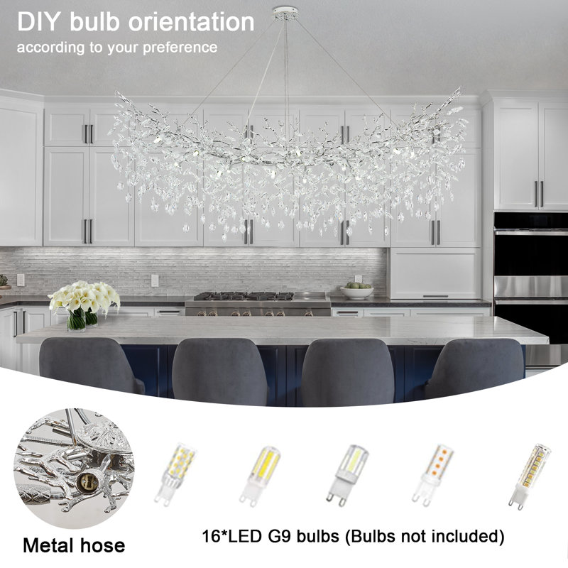 Tree Branch Crystal Chandelier Lighting, 18, Silver/White, 15.7" H x 63" W x 15.7" D