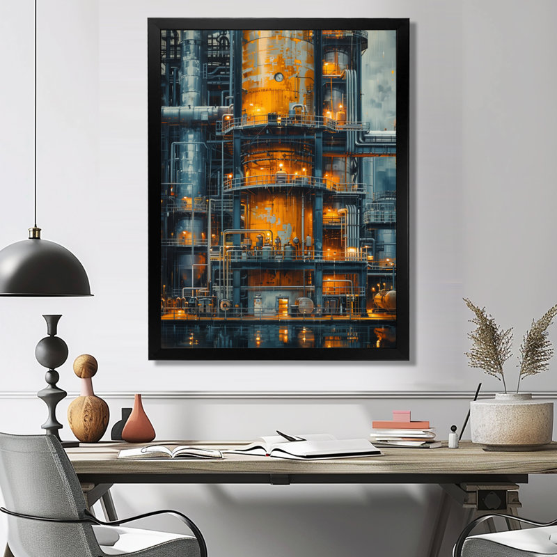 Art mural de raffinerie de pétrole dans la nuit II - usines, Toile encadrée noire simple, H 32 po x l 16 po x P 1 po