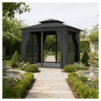 Pavillon de jardin à toit souple en acier noir et gris foncé avec double toit, rideaux et moustiquaire, auvent extérieur