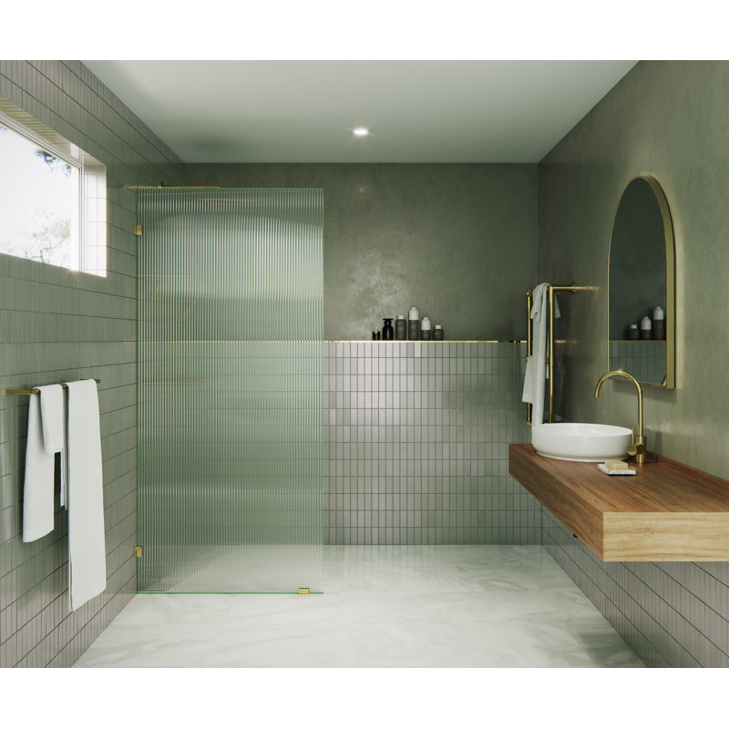 Gaia 34 in. x 78 in. Frameless Fluted Single Fixed Shower Panel, Polished Brass