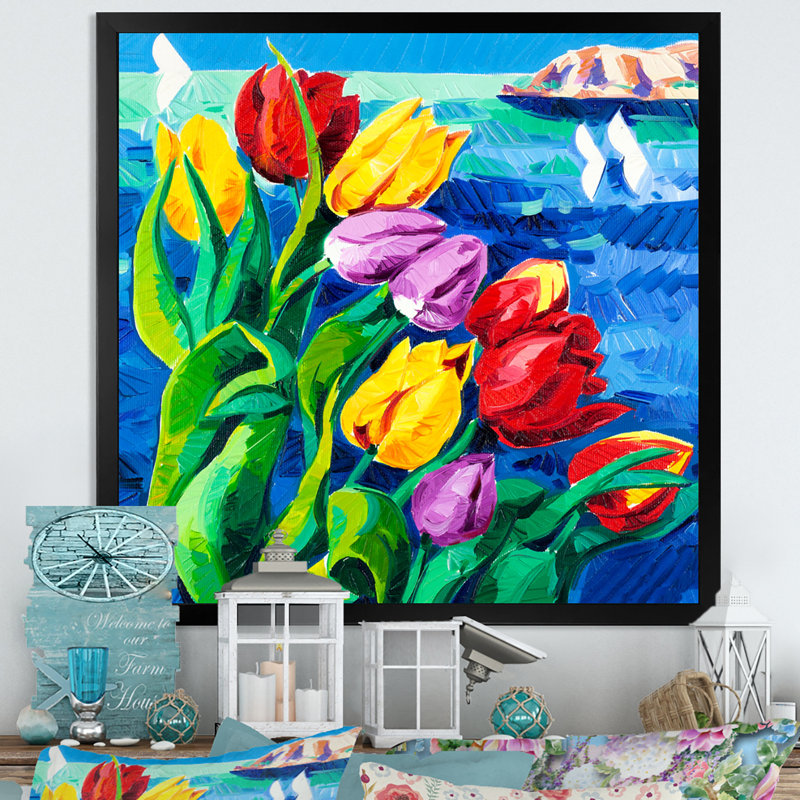 Tulipes sur l'océan - reproduction d'art murale traditionnelle en bois, H 16 po x l 16 po x P 1 po, Toile avec cadre noir