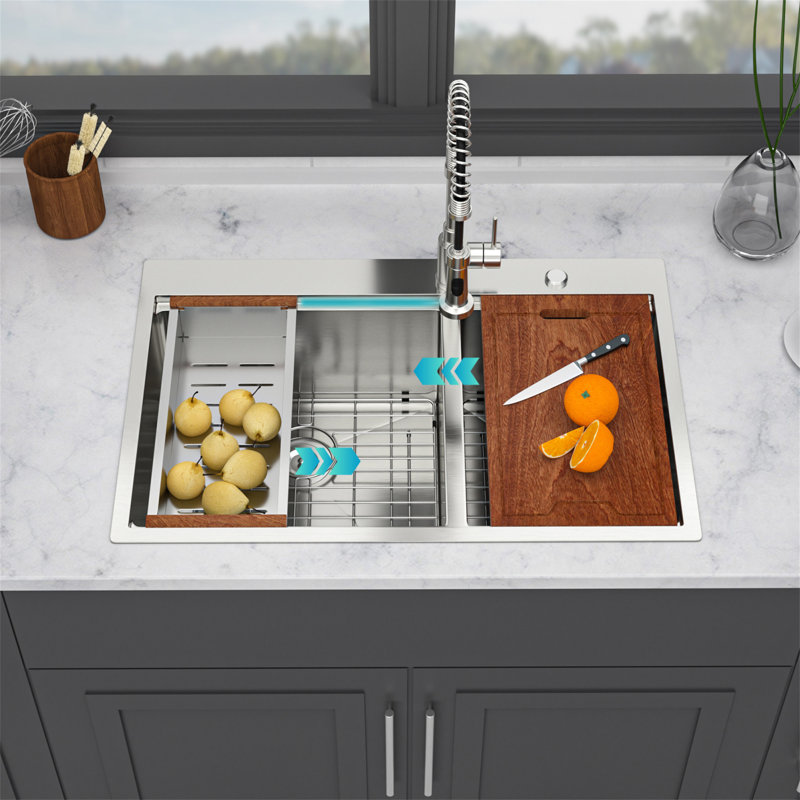 Topmount Drop In Kitchen Sink - 33" X 22" X 10" Double Bowl  Kitchen Sink 16 Gauge With Two 10" Deep Basin