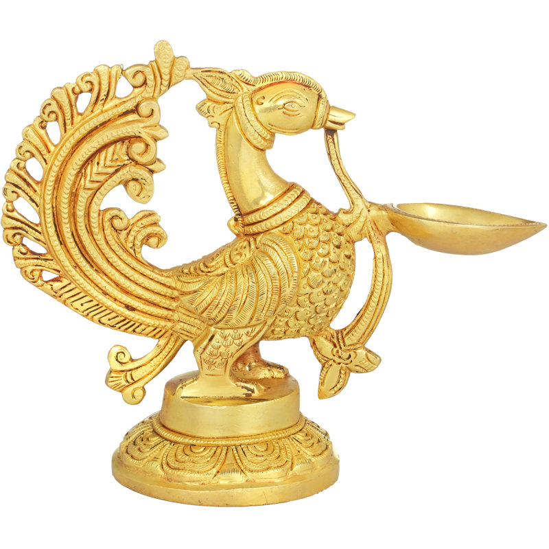 8" Peacock Puja Lamp in Brass – Handmade Indian Oil Diya for Home Temple and Festive Decor