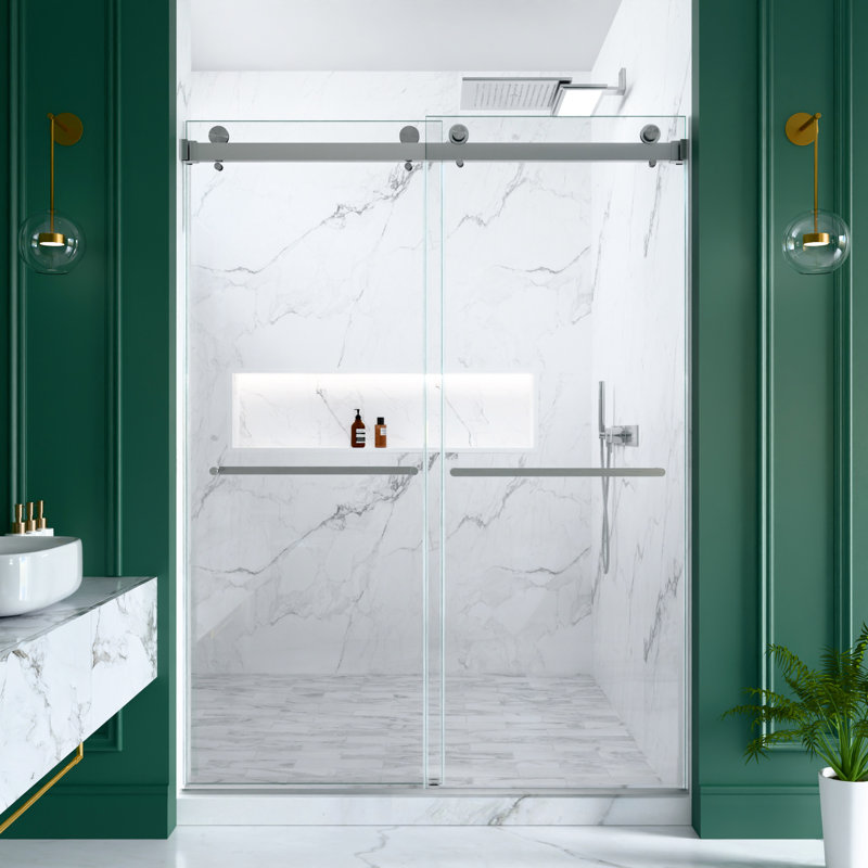 Porte de douche coulissante double de 56 à 60 po de largeur, verre épais de 10 mm, nickel brossé, conception réversible, étanchéité efficace, structure en acier inoxydable, porte lisse H 80 po avec largeur réglable de 60 po, 3/8 po