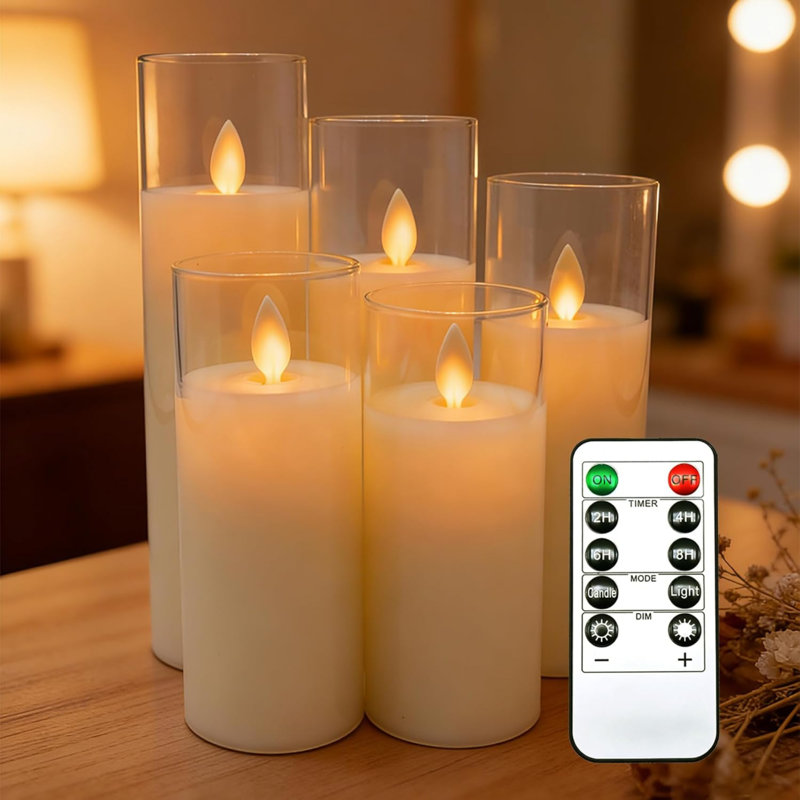 Flameless Candles with Glass Effect H 13/14/16/18/20 cm Set of 5 Drip-Less Real Wax Pillars Include Realistic Dancing LED Flames and 10-Key Remote Control with 24-Hour Timer Function